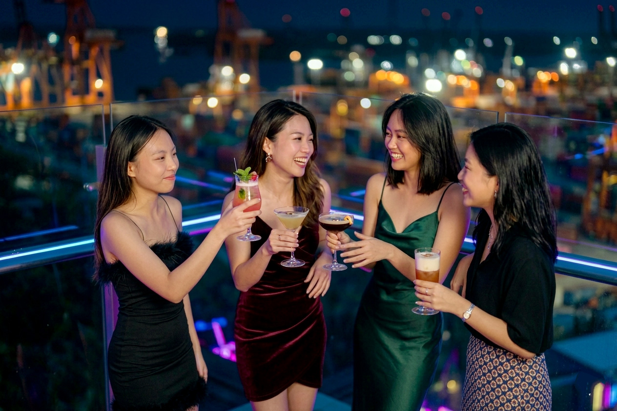 Guests enjoying drinks at The Pier Rooftop Bar